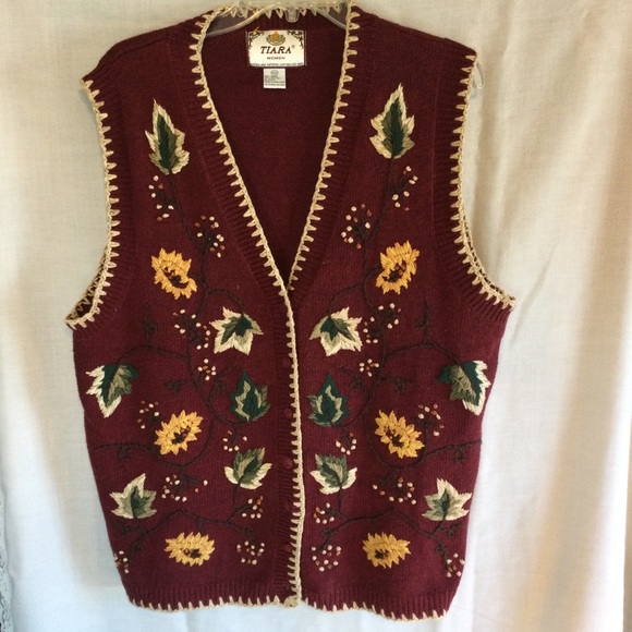 Tiara Sweaters - Tiara Women’s Vintage Burgandy Flower Leaf Embroidered  Sweater Vest Size 18/20